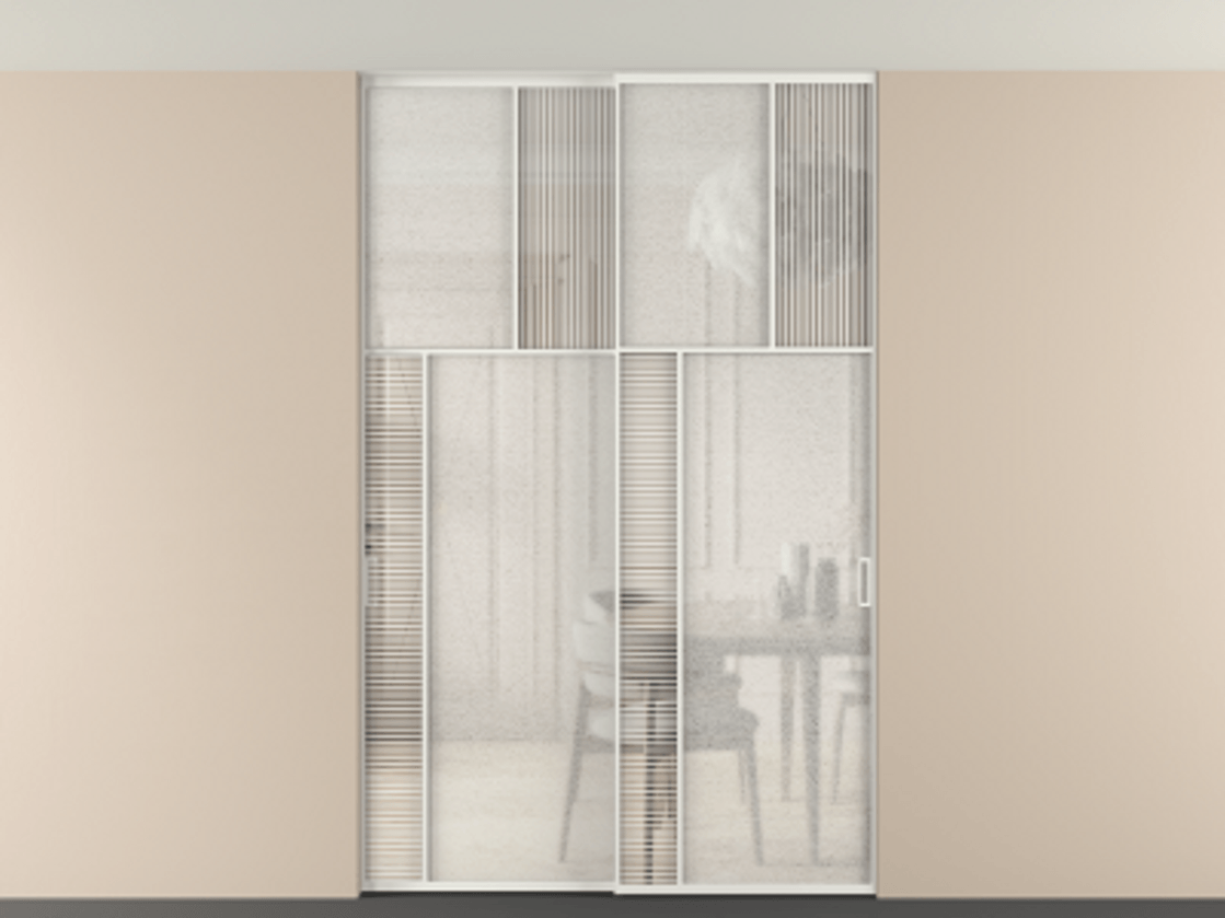 Перегородка Мозаик внутри проёма скрытое крепление в потолок 2 створки АЛПР 041.22 Алюминий светло-серый Рифлёное стекло "Дюна", триплекс, 6 мм + Фактурное стекло "Лёд", триплекс. Цена 17750 AZE . Фабрика дверей Волховец 8 (800) 551 43 19 Перегородка Мозаик внутри проёма скрытое крепление в потолок 2 створки АЛПР 041.22 Алюминий светло-серый Рифлёное стекло "Дюна", триплекс, 6 мм + Фактурное стекло "Лёд", триплекс Цена 17750 AZE | Volhovec