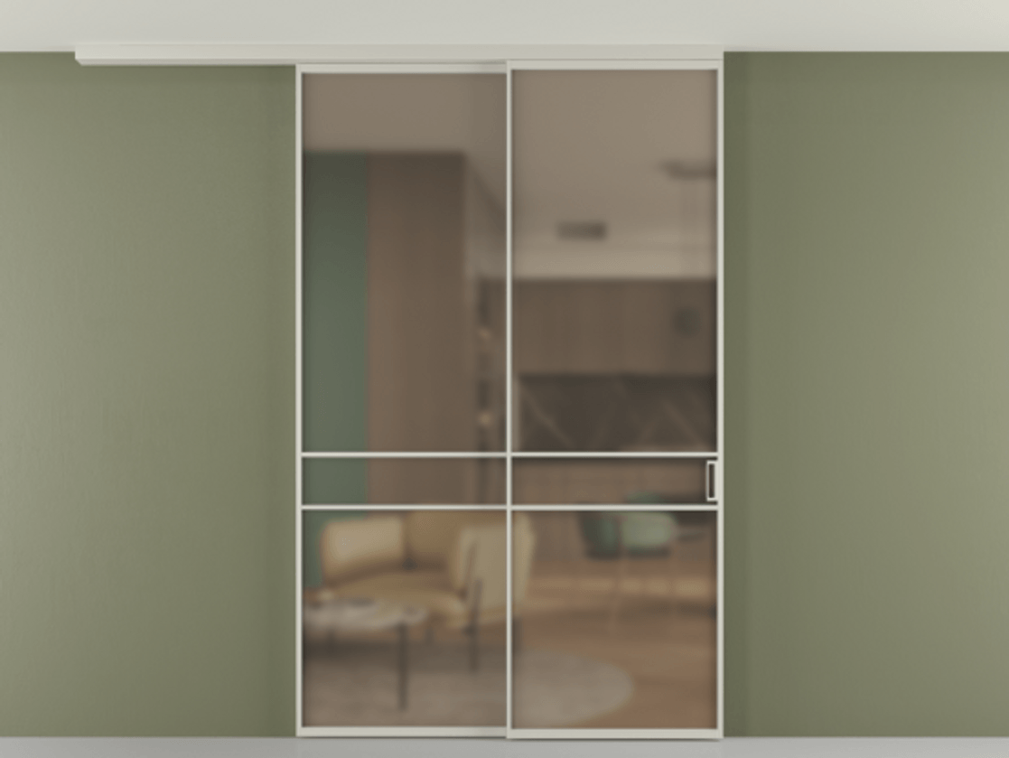 Перегородка Формато вдоль стены на потолок 2 створки с синхронным механизмом АЛПР 040.02 Алюминий тёплый серый Сатинированное бронзовое стекло, триплекс Цена 16210 AZE | Volhovec