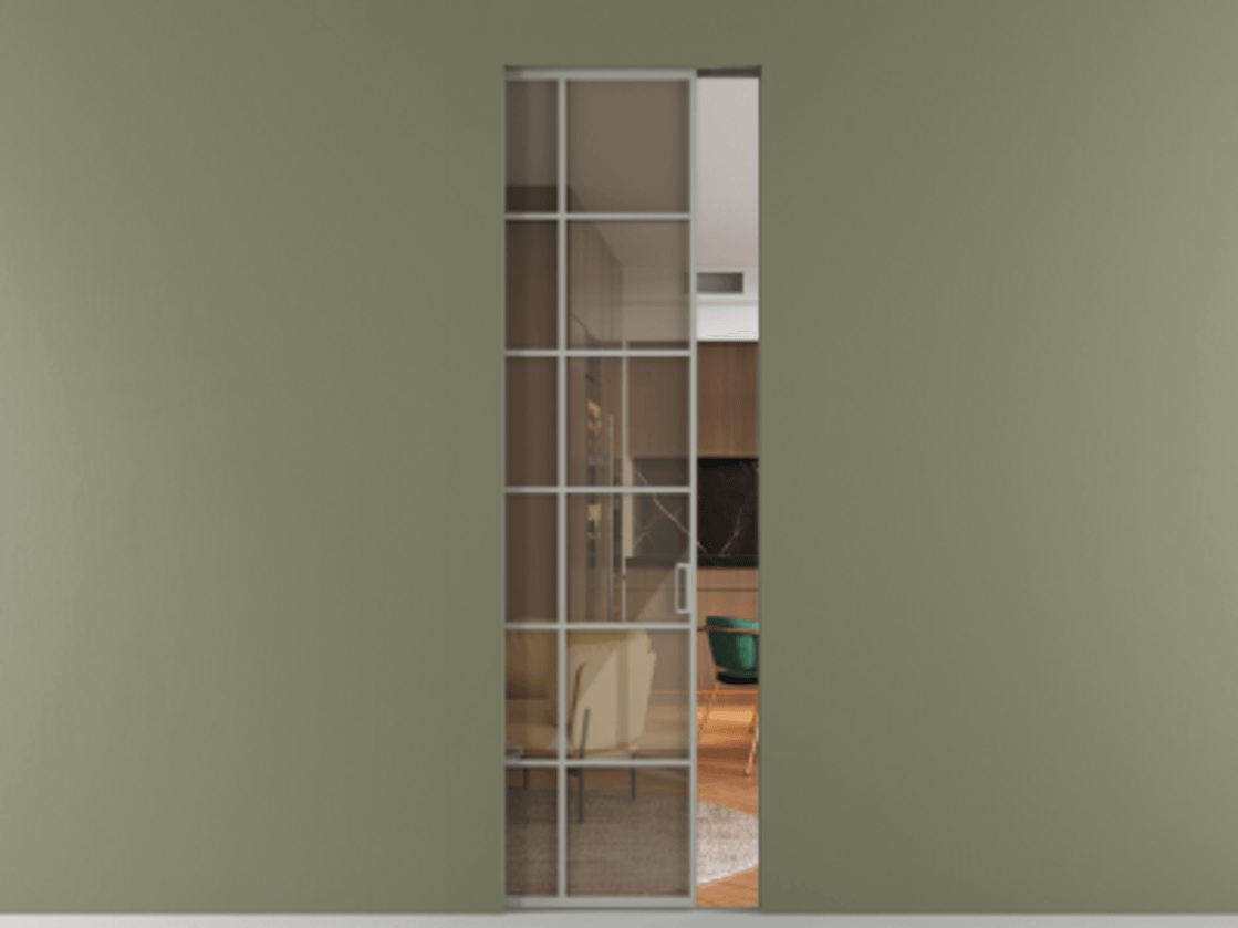 Перегородка Formato скрытый пенал 1 створка АЛПР 040.05 Алюминий нейтральный серый Рефлективное бронзовое стекло "Stopsol", калёное Цена 9700 AZE | Volhovec