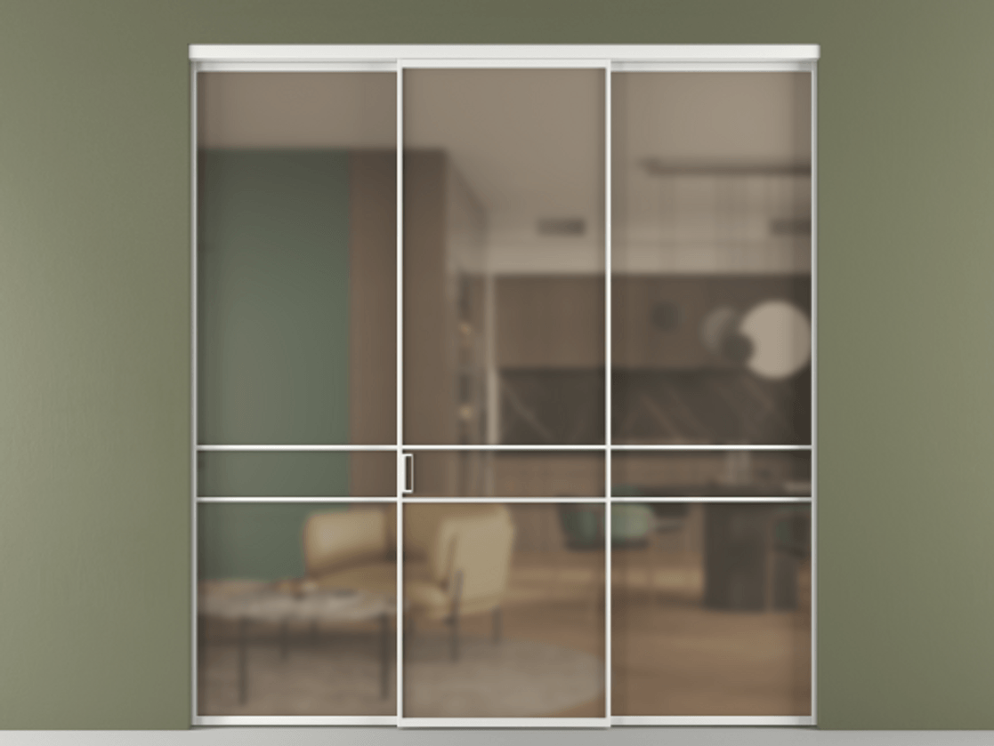 Перегородка Формато внутри проёма 3 створки АЛПР 040.02 Алюминий белоснежный Сатинированное бронзовое стекло, триплекс Цена 12370 AZE | Volhovec