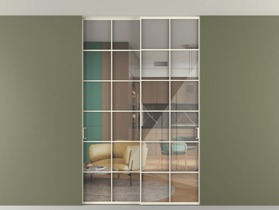 Перегородка Формато внутри проёма скрытое крепление в потолок 2 створки АЛПР 040.05 Алюминий молочно-белый Рефлективное прозрачное стекло "Стопсол", калёное Цена 16820 AZE | Volhovec