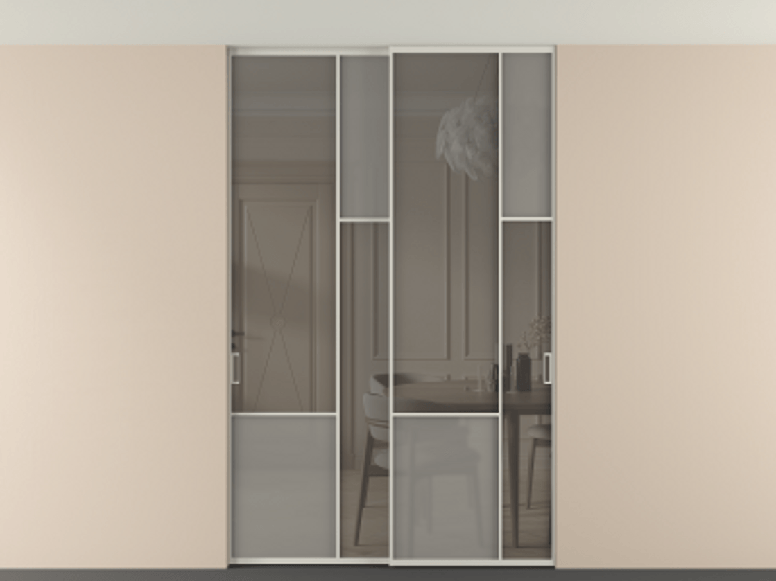 Перегородка Мозаик внутри проёма скрытое крепление в потолок 2 створки АЛПР 041.12 Алюминий тёплый серый Сатинированное серое стекло, триплекс, 6 мм + Прозрачное серое стекло, триплекс Цена 16920 AZE | Volhovec