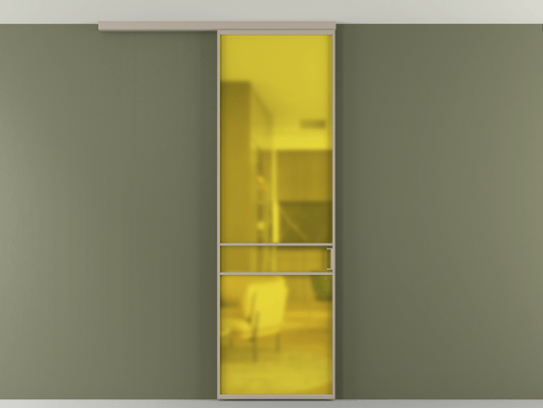 Перегородка Формато вдоль стены на потолок 1 створка АЛПР 040.02 Алюминий бисквитный Сатинированное жёлтое стекло, триплекс Цена 5300 AZE | Volhovec