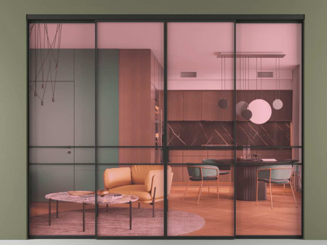 Перегородка Formato внутри проёма 4 створки АЛПР 040.02 Алюминий Черный Прозрачное розовое стекло, триплекс Цена 16900 AZE  | Volhovec