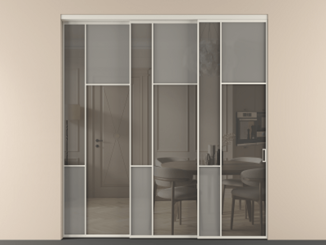 Перегородка Мозаик внутри проёма 3 створки с синхронным механизмом АЛПР 041.11 Алюминий облачно-серый Сатинированное серое стекло, триплекс, 6 мм + Прозрачное серое стекло, триплекс Цена 22800 AZE | Volhovec