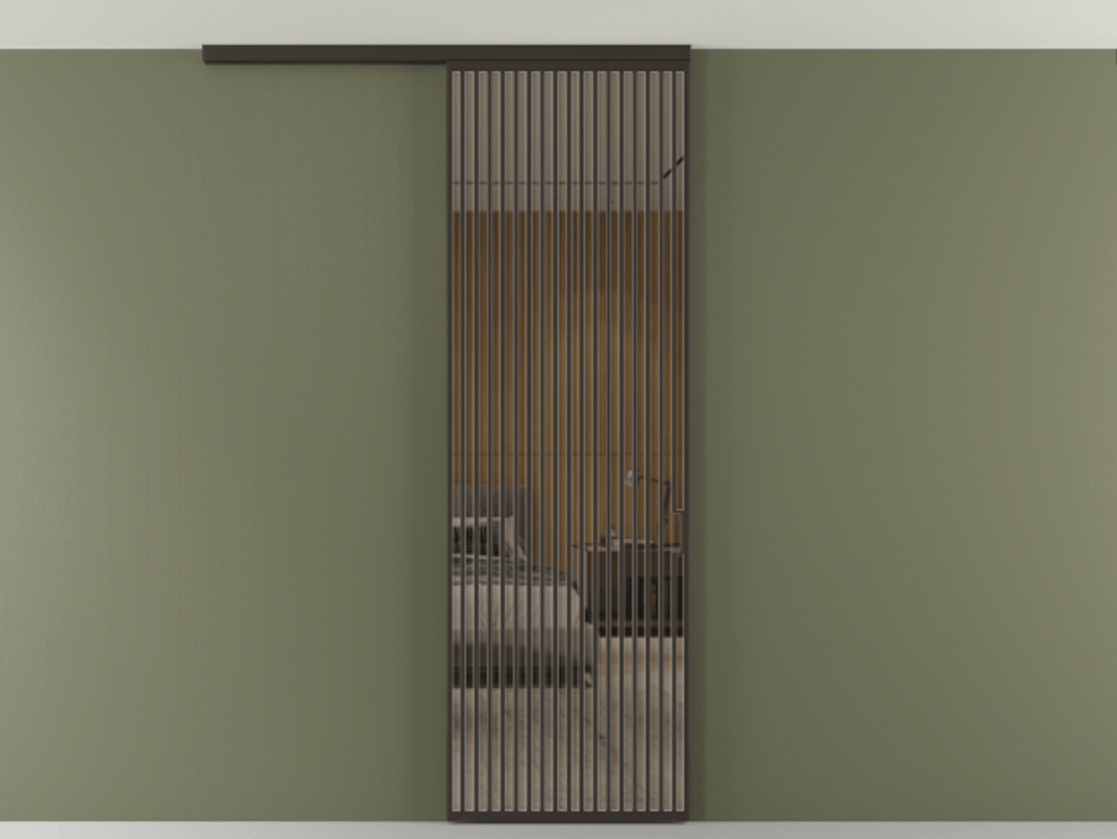 Перегородка Формато вдоль стены на потолок 1 створка АЛПР 040.06 Алюминий антрацит Рефлективное бронзовое стекло "Стопсол", калёное Цена 10090 AZE | Volhovec