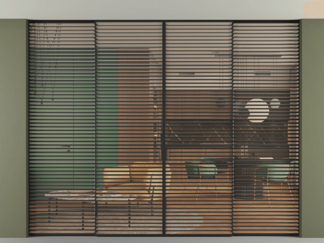 Перегородка Formato внутри проёма скрытое крепление в потолок 4 створки АЛПР 040.07 Алюминий Черный Прозрачное оранжевое стекло, триплекс Цена 40300 AZE | Volhovec