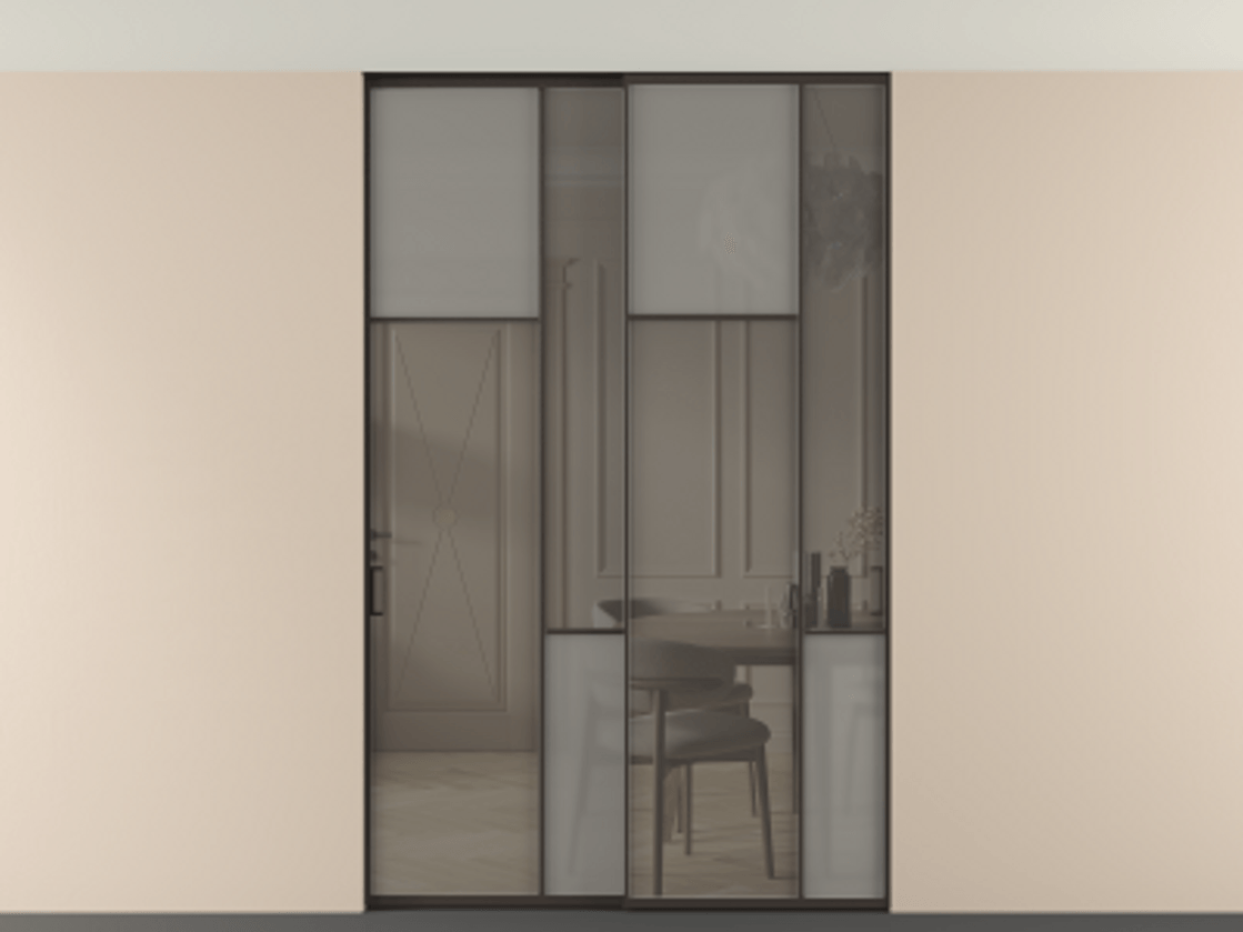 Перегородка Мозаик внутри проёма скрытое крепление в потолок 2 створки АЛПР 041.10 Алюминий антрацит Сатинированное серое стекло, триплекс, 6 мм + Прозрачное серое стекло, триплекс Цена 16920 AZE | Volhovec