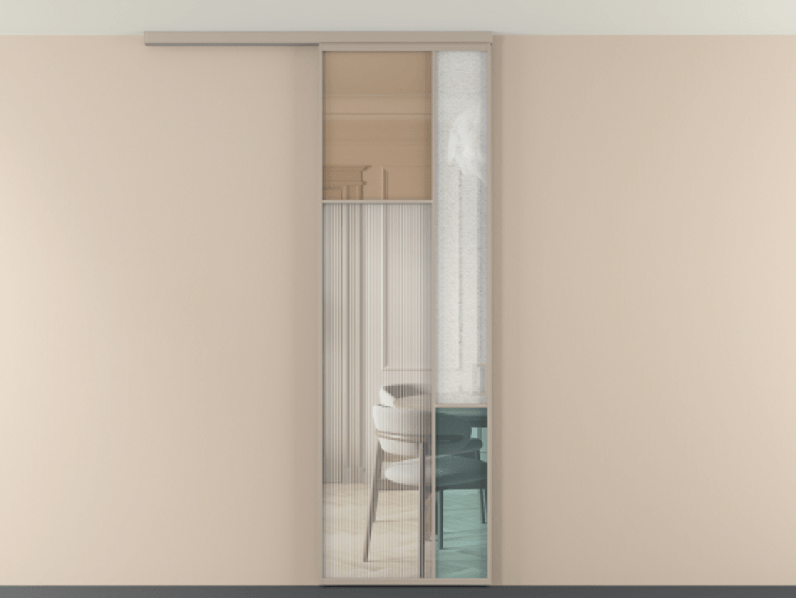 Перегородка Мозаик вдоль стены на потолок 1 створка АЛПР 041.10 Алюминий бисквитный Комбинация стекол Группы 1 и Группы 3 Цена 7400 AZE | Volhovec