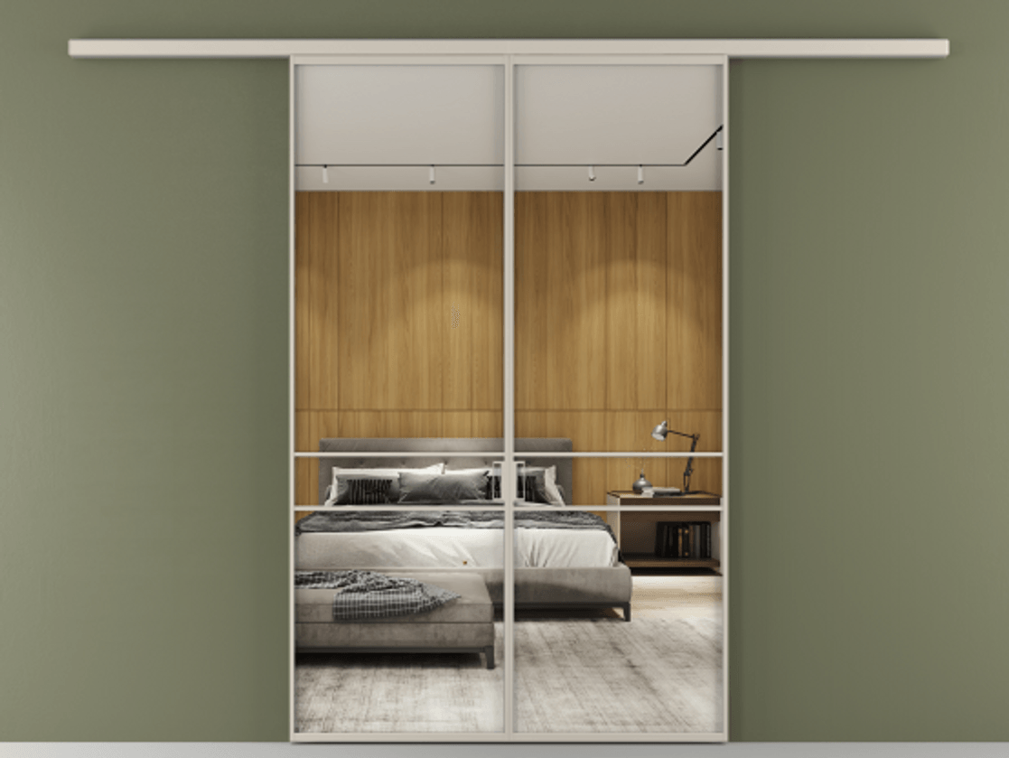 Перегородка Формато вдоль стены 2 створки АЛПР 040.02 Алюминий светло-бежевый Двустороннее зеркало, триплекс , триплекс 6 мм Цена 10190 AZE | Volhovec