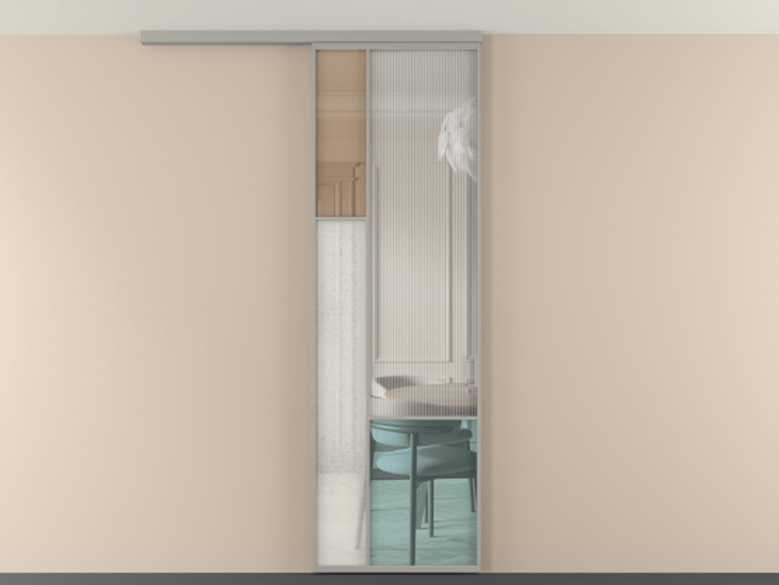 Перегородка Мозаик вдоль стены на потолок 1 створка АЛПР 041.13 Алюминий нейтральный серый Комбинация стекол Группы 1 и Группы 3 Цена 7400 AZE | Volhovec