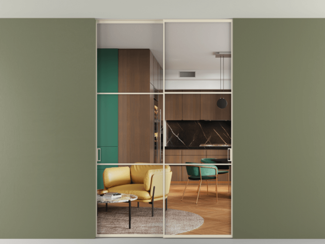 Перегородка Formato внутри проёма скрытое крепление в потолок 2 створки АЛПР 040.03 Алюминий бежево-серый Прозрачное стекло "Кристал Вижн", калёное Цена 15930 AZE | Volhovec