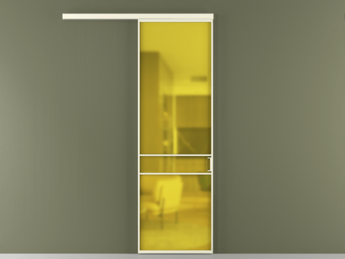Перегородка Формато вдоль стены 1 створка АЛПР 040.02 Алюминий молочно-белый Сатинированное жёлтое стекло, триплекс Цена 5500 AZE  | Volhovec