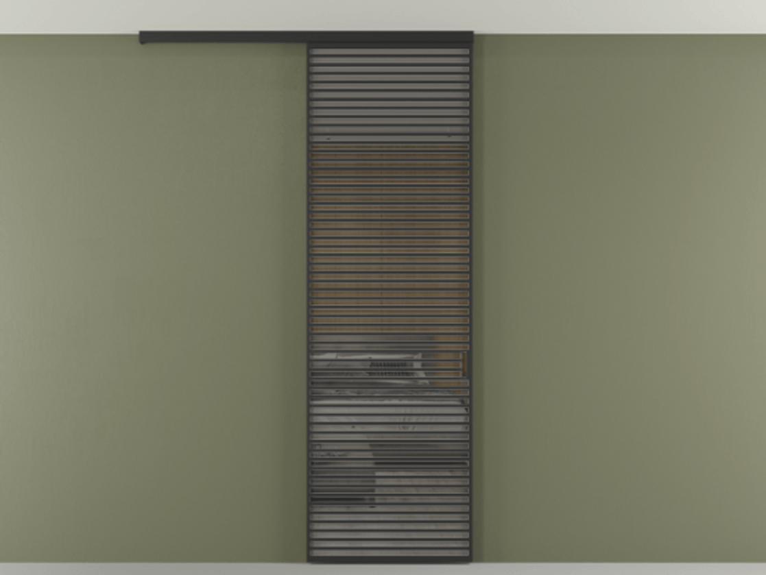 Перегородка Формато вдоль стены на потолок 1 створка АЛПР 040.07 Алюминий Черный Рефлективное серое стекло "Стопсол", калёное Цена 11650 AZE | Volhovec