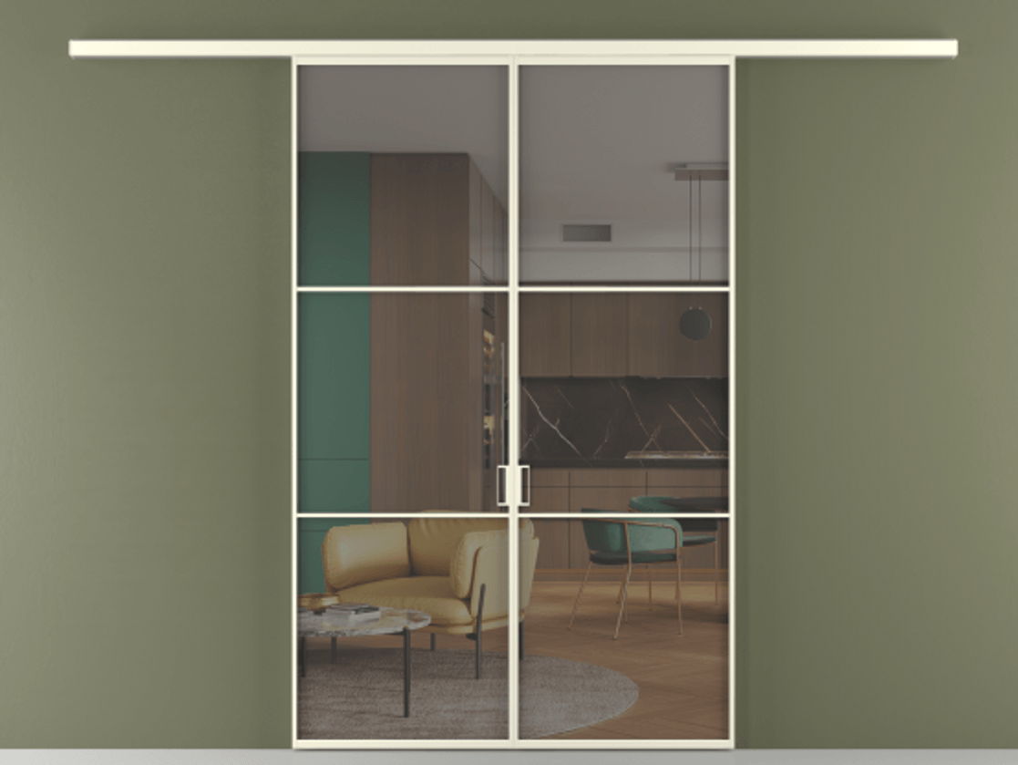 Перегородка Formato вдоль стены 2 створки АЛПР 040.03 Алюминий молочно-белый Прозрачное серое стекло, триплекс Цена 12150 AZE | Volhovec