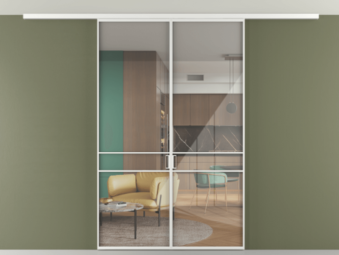 Перегородка Формато вдоль стены на потолок 2 створки АЛПР 040.02 Алюминий белоснежный Рефлективное прозрачное стекло "Стопсол", калёное Цена 10830 AZE | Volhovec