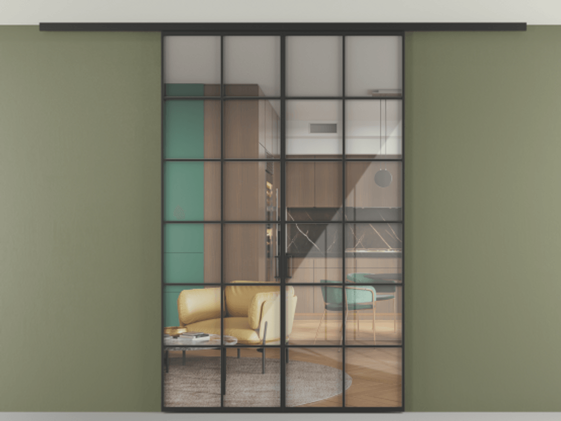 Перегородка Формато вдоль стены на потолок 2 створки АЛПР 040.05 Алюминий Черный Рефлективное прозрачное стекло "Стопсол", калёное Цена 13090 AZE | Volhovec