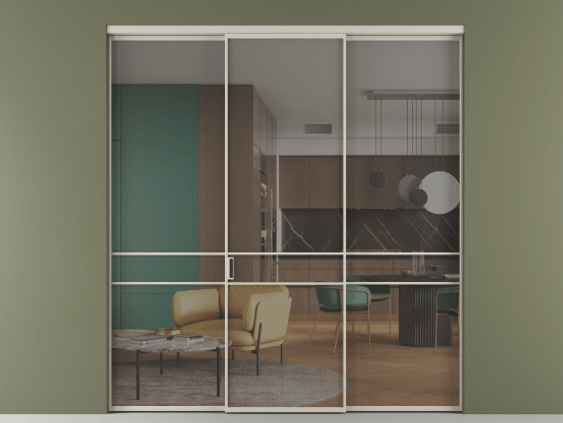 Перегородка Формато внутри проёма 3 створки АЛПР 040.02 Алюминий светло-бежевый Рефлективное серое стекло "Стопсол", калёное Цена 16550 AZE | Volhovec