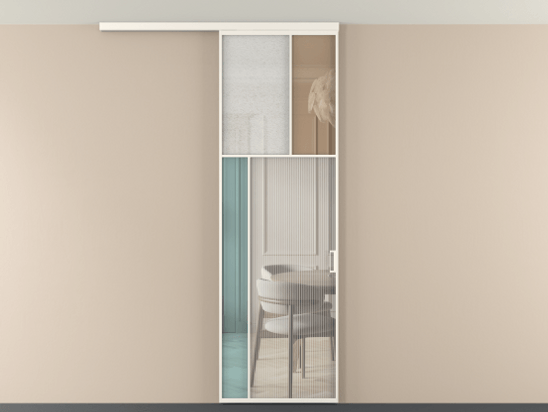 Перегородка Мозаик вдоль стены на потолок 1 створка АЛПР 041.22 Алюминий пудровый белый Комбинация стекол Группы 1 и Группы 3 Цена 7400 AZE | Volhovec