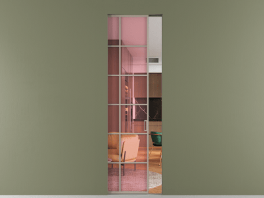 Перегородка Formato скрытый пенал 1 створка АЛПР 040.05 Алюминий бисквитный Прозрачное розовое стекло, триплекс Цена 9300 AZE | Volhovec