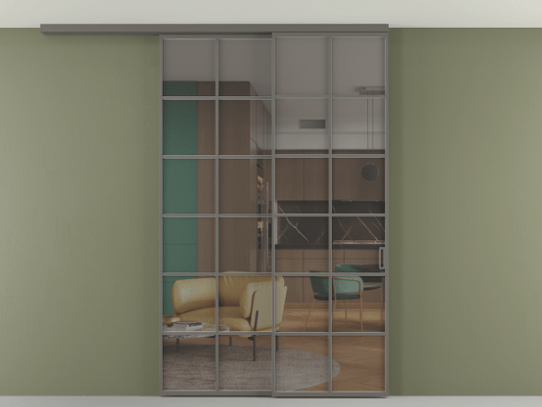 Перегородка Формато вдоль стены на потолок 2 створки с синхронным механизмом АЛПР 040.05 Алюминий классический серый Прозрачное серое стекло, триплекс Цена 15210 AZE | Volhovec