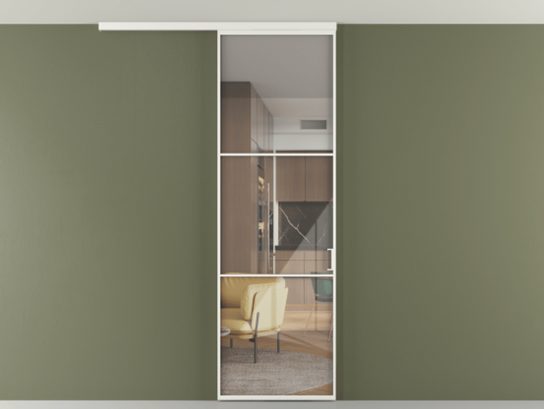 Перегородка Формато вдоль стены на потолок 1 створка АЛПР 040.03 Алюминий светло-серый Рефлективное прозрачное стекло "Стопсол", калёное Цена 6540 AZE | Volhovec