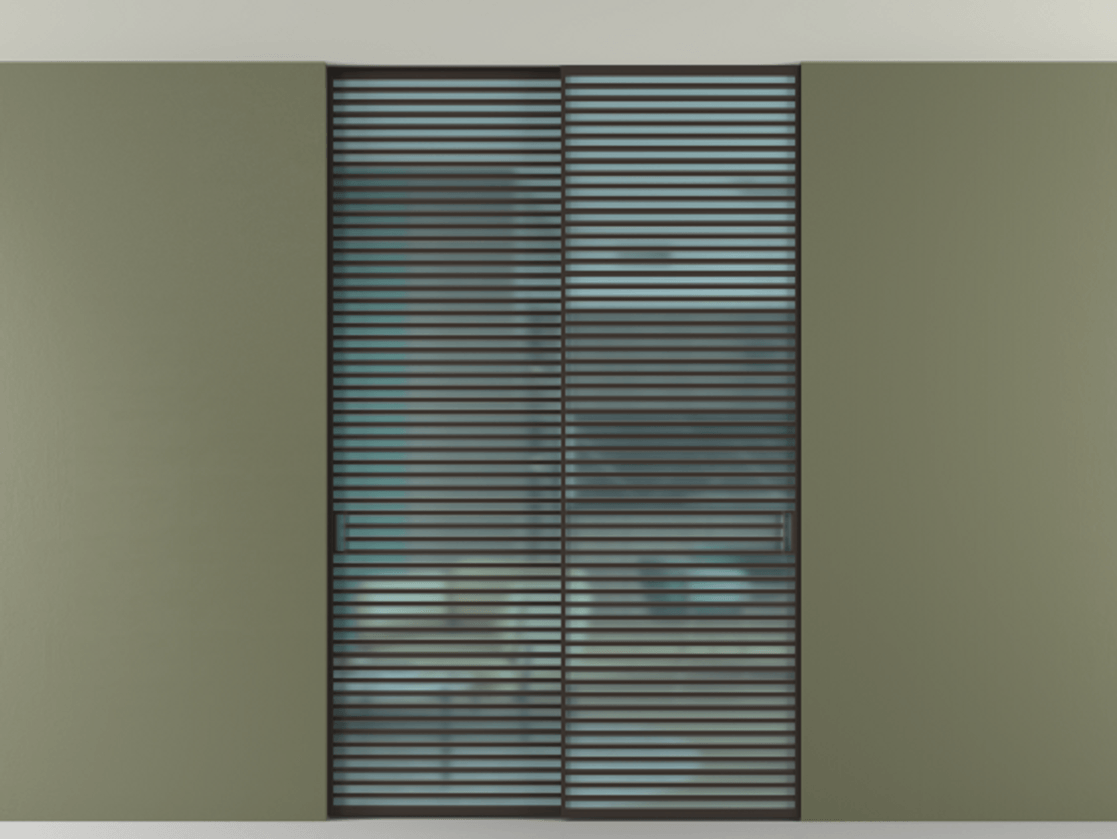 Перегородка Формато внутри проёма скрытое крепление в потолок 2 створки АЛПР 040.07 Алюминий антрацит Сатинированное голубое стекло, триплекс Цена 409915 ₽ | Volhovec