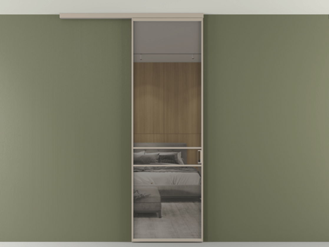 Перегородка Formato вдоль стены на потолок 1 створка АЛПР 040.02 Алюминий бисквитный Рефлективное серое стекло "Стопсол", калёное Цена 6540 AZE | Volhovec