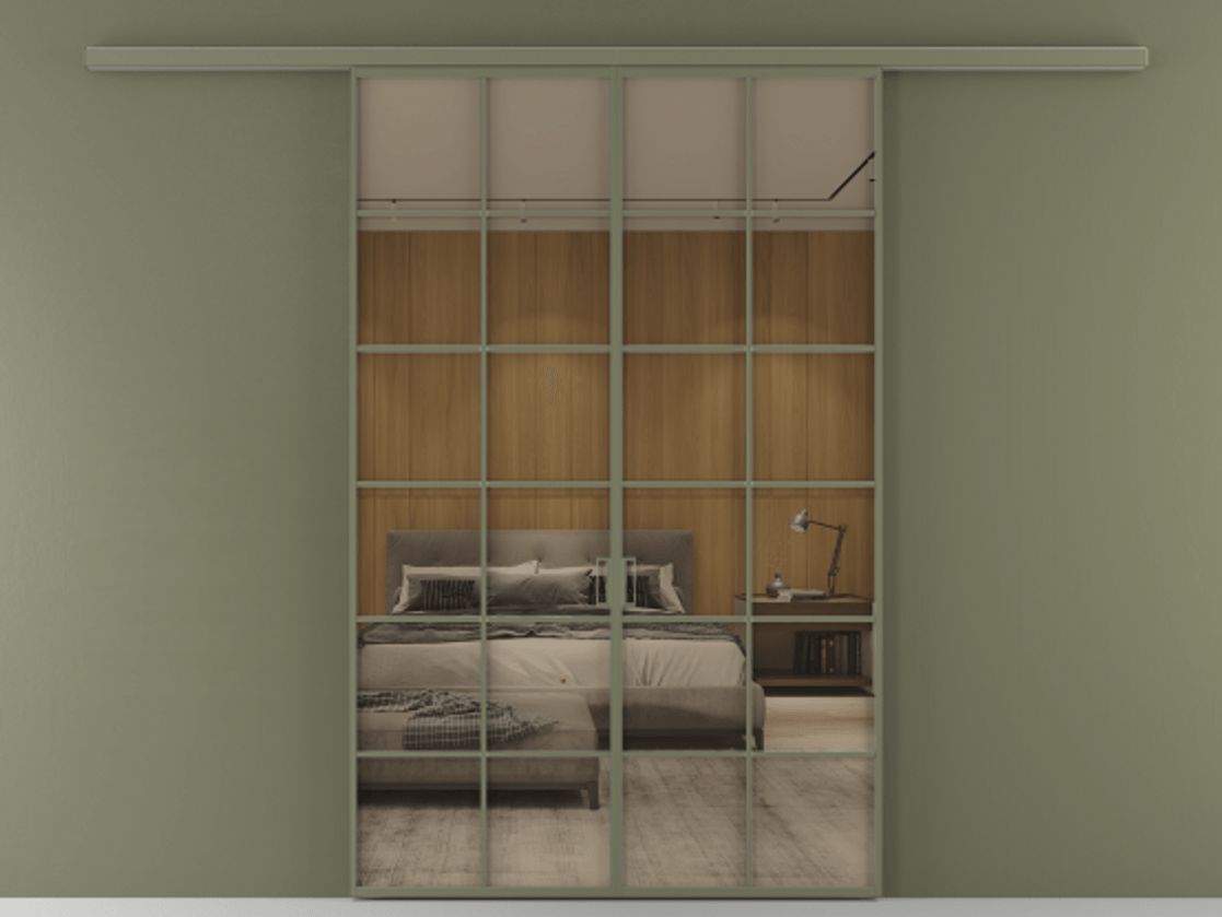 Перегородка Формато вдоль стены 2 створки АЛПР 040.05 Алюминий оливковый тёмный Рефлективное бронзовое стекло "Стопсол", калёное Цена 13790 AZE | Volhovec