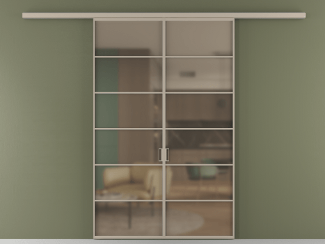 Перегородка Формато вдоль стены 2 створки АЛПР 040.04 Алюминий бисквитный Сатинированное бронзовое стекло, триплекс Цена 10800 AZE | Volhovec