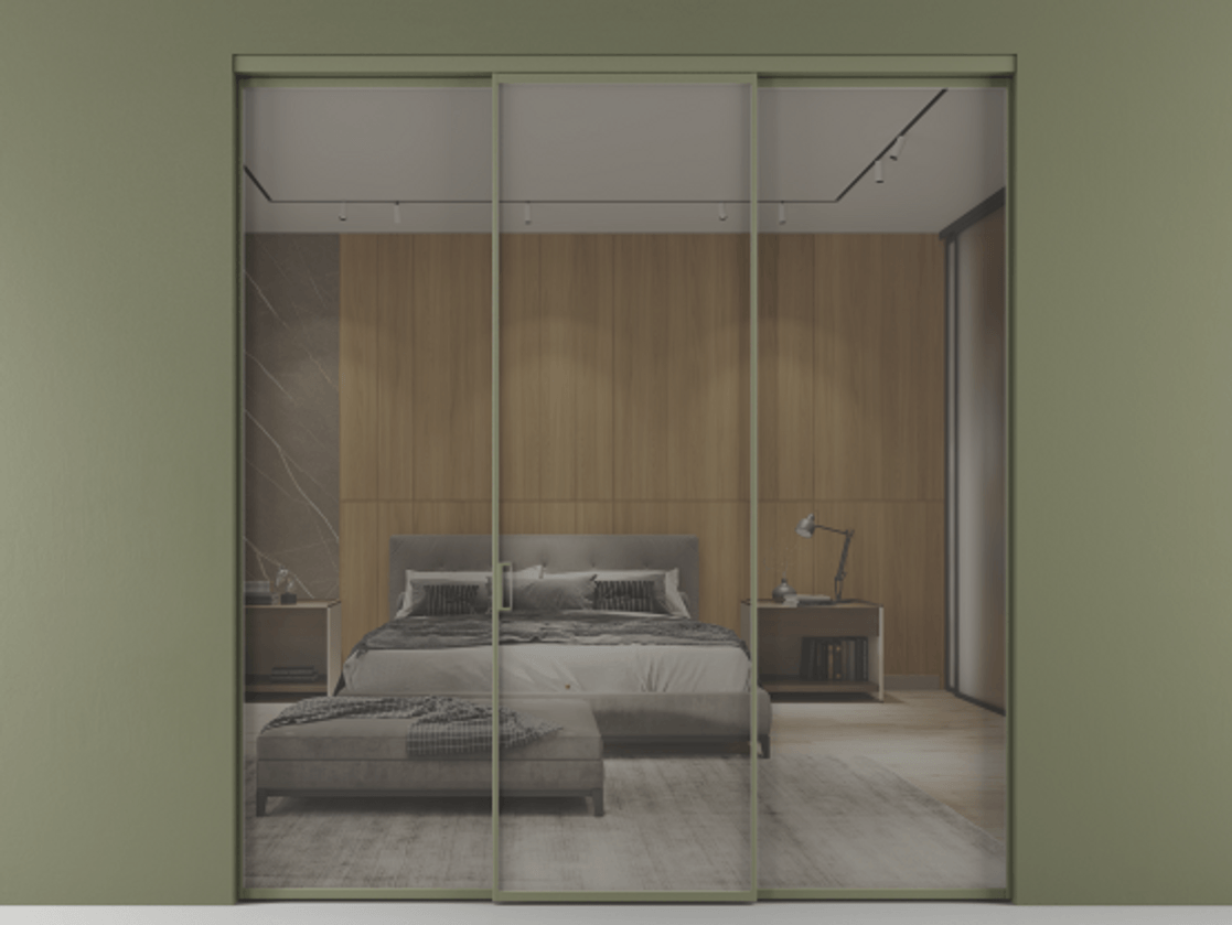 Перегородка Формато внутри проёма 3 створки АЛПР 040.01 Алюминий оливковый тёмный Рефлективное серое стекло "Стопсол", калёное Цена 15710 AZE | Volhovec