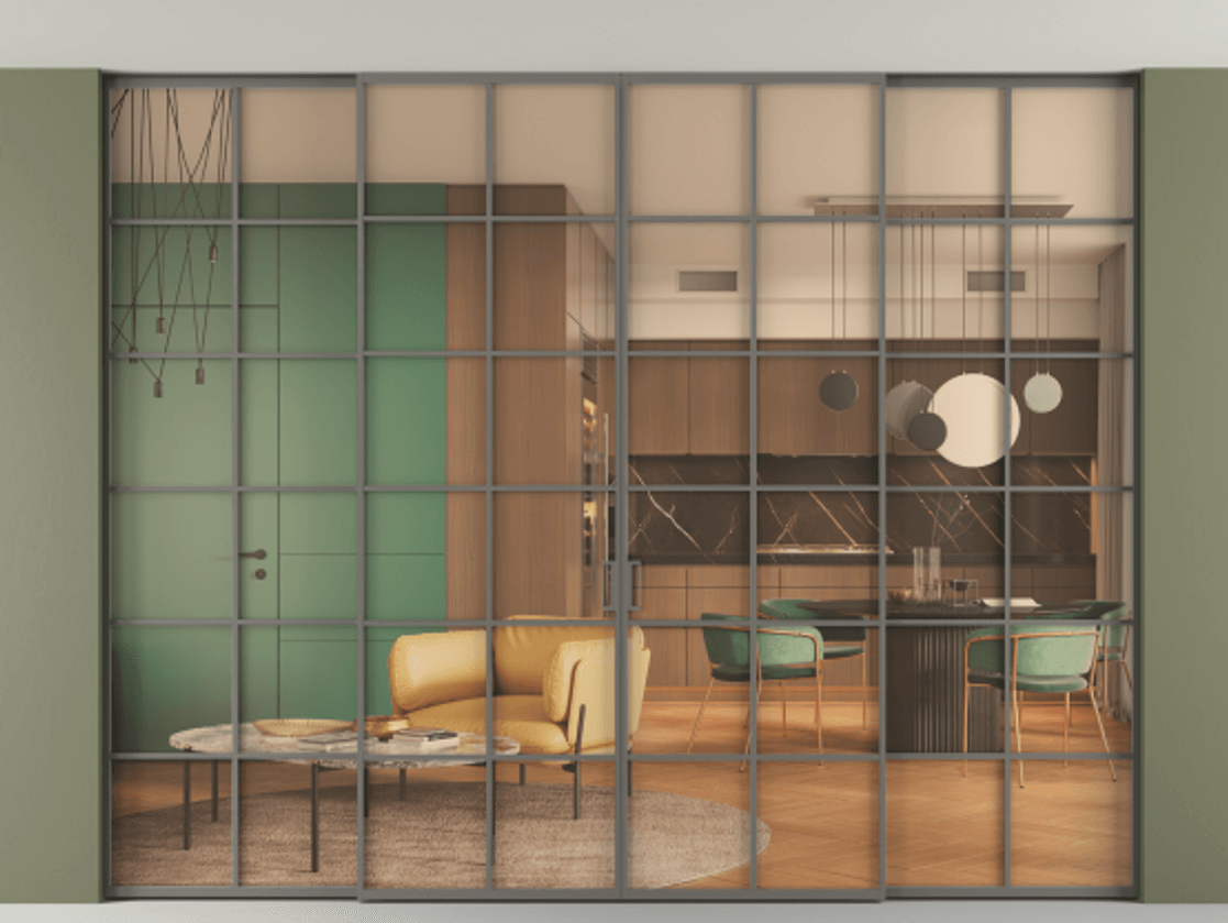 Перегородка Formato внутри проёма скрытое крепление в потолок 4 створки АЛПР 040.05 Алюминий классический серый Прозрачное оранжевое стекло, триплекс Цена 25300 AZE | Volhovec