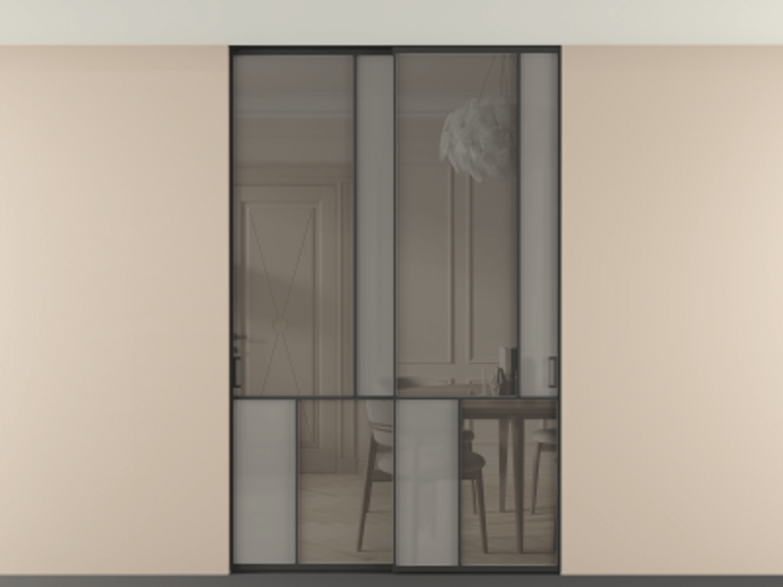 Перегородка Мозаик внутри проёма скрытое крепление в потолок 2 створки АЛПР 041.21 Алюминий Черный Сатинированное серое стекло, триплекс, 6 мм + Прозрачное серое стекло, триплекс. Скрытый короб ЧЕР Цена 16420 AZE . Фабрика дверей Волховец 8 (800) 551 43 19 Перегородка Мозаик внутри проёма скрытое крепление в потолок 2 створки АЛПР 041.21 Алюминий Черный Сатинированное серое стекло, триплекс, 6 мм + Прозрачное серое стекло, триплекс Цена 16420 AZE | Volhovec