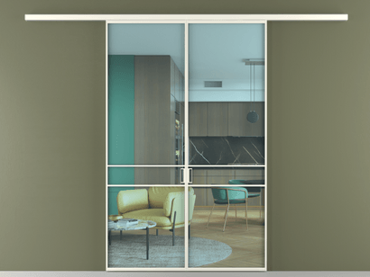 Алюминевая перегородка АЛПР 040.02_АЖМ_ПРОЗ ГОЛ_new. Цвет Алюминий жемчужный. Материал Алюминий в эмали. Коллекция Перегородка Formato вдоль стены двустворчатая. Картинка.