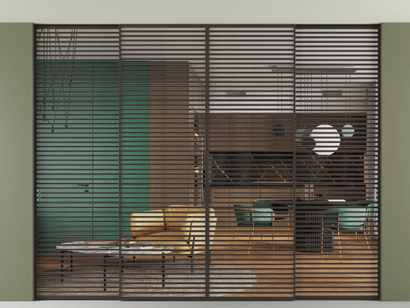 Алюминевая перегородка АЛПР 040.07_ААН_Crystalvision_new. Цвет Алюминий антрацит. Материал Алюминий в эмали. Коллекция Перегородка Formato внутри проёма четырёхстворчатая со скрытым креплением в потолок. Фото. Алюминевая перегородка АЛПР 040.07_ААН_Crystalvision_new. Цвет Алюминий антрацит. Материал Алюминий в эмали. Коллекция Перегородка Formato внутри проёма четырёхстворчатая со скрытым креплением в потолок. Картинка.