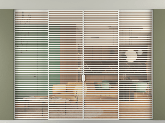 Алюминевая перегородка vn2+2_07 Алюминий светло-серый Прозрачное оранжевое стекло, триплекс, 6мм. Цвет Алюминий светло-серый. Материал Алюминий в эмали. Коллекция Перегородка Formato внутри проёма скрытое крепление в потолок 4 створки. Картинка.