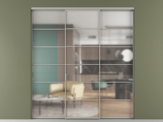 Алюминевая перегородка АЛПР 040.04_АНСР_Matelux Crystalvision_new. Цвет Алюминий нейтральный серый. Материал Алюминий в эмали. Коллекция Перегородка Formato внутри проёма 3 створки. Картинка.