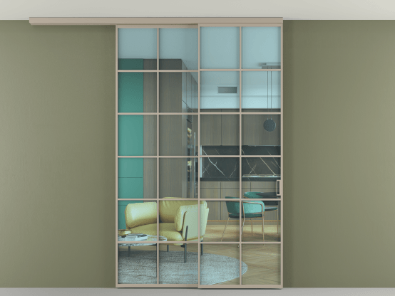 Алюминевая перегородка АЛПР 040.05_АБСК_ПРОЗ ГОЛ_new. Цвет Алюминий бисквитный. Материал Алюминий в эмали. Коллекция Перегородка Formato вдоль стены на потолок 2 створки с синхронным механизмом. Картинка.