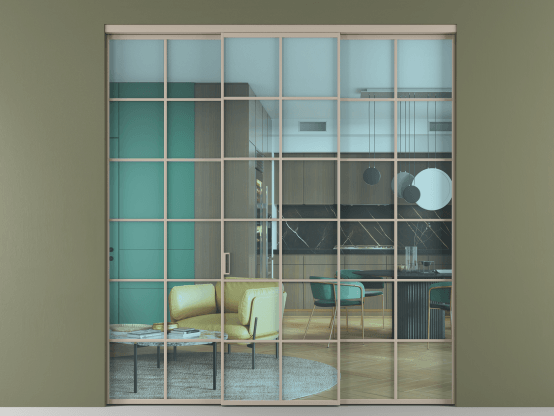 Алюминевая перегородка АЛПР 040.05_АБСК_ПРОЗ ГОЛ_new. Цвет Алюминий бисквитный. Материал Алюминий в эмали. Коллекция Перегородка Formato внутри проёма 3 створки. Картинка.