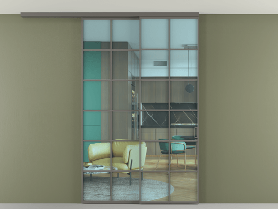 Алюминевая перегородка АЛПР 040.05_АКЛС_ПРОЗ ГОЛ_new. Цвет Алюминий классический серый. Материал Алюминий в эмали. Коллекция Перегородка Formato вдоль стены на потолок 2 створки с синхронным механизмом. Картинка.