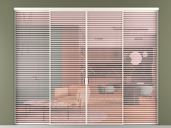 Алюминевая перегородка vn2+2_07_ Алюминий пудровый белый Прозрачное розовое стекло, триплекс, 6мм. Цвет Алюминий пудровый белый. Материал Алюминий в эмали. Коллекция Перегородка Formato внутри проёма 4 створки. Картинка.