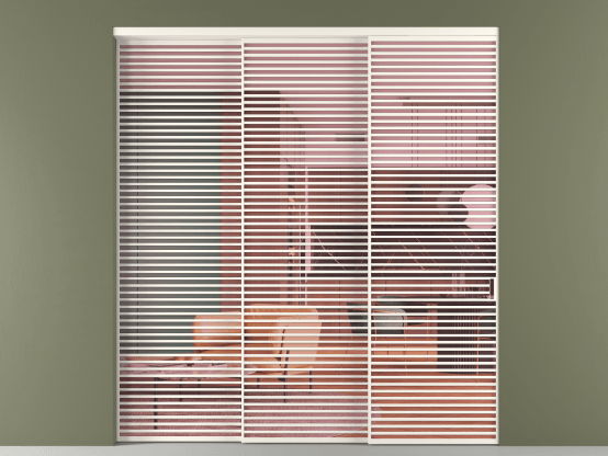 Алюминевая перегородка vn3_07_ Алюминий пудровый белый Прозрачное розовое стекло, триплекс, 6мм. Цвет Алюминий пудровый белый. Материал Алюминий в эмали. Коллекция Перегородка Formato внутри проёма 3 створки с синхронным механизмом. Картинка.