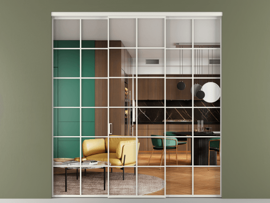 Алюминевая перегородка АЛПР 040.05_АСР_Crystalvision_new. Цвет Алюминий серый. Материал Алюминий в эмали. Коллекция Перегородка Formato внутри проёма 3 створки. Картинка.