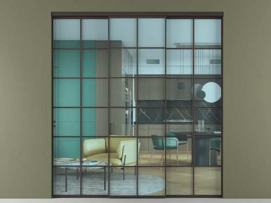 Алюминевая перегородка АЛПР 040.05_ААН_ПРОЗ ГОЛ_new. Цвет Алюминий антрацит. Материал Алюминий в эмали. Коллекция Перегородка Formato внутри проёма 3 створки. Картинка.