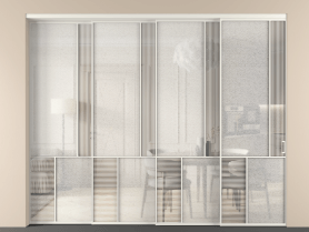 Алюминевая перегородка vntl4_1 БЕЛ. Цвет Алюминий Белый. Материал Алюминий. Коллекция Перегородка Mosaic внутри проёма 4 створки с синхронным механизмом. Картинка.