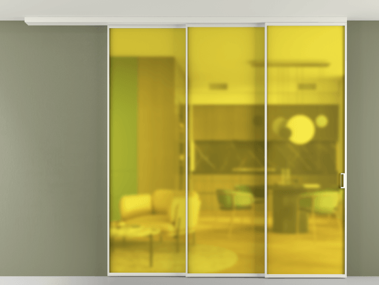 Алюминевая перегородка АЛПР 040.01_АСР_САТ ЖЕЛ_new. Цвет Алюминий серый. Материал Алюминий в эмали. Коллекция Перегородка Формато вдоль стены на потолок 3 створки с синхронным механизмом. Картинка.