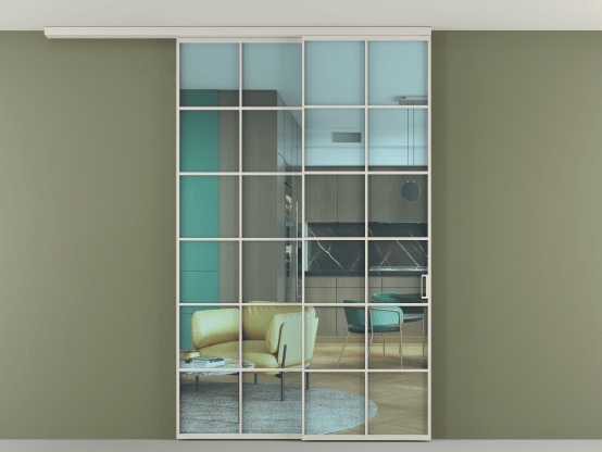 Алюминевая перегородка АЛПР 040.05_АОС_ПРОЗ ГОЛ_new. Цвет Алюминий облачно-серый. Материал Алюминий в эмали. Коллекция Перегородка Formato вдоль стены на потолок 2 створки с синхронным механизмом. Картинка.