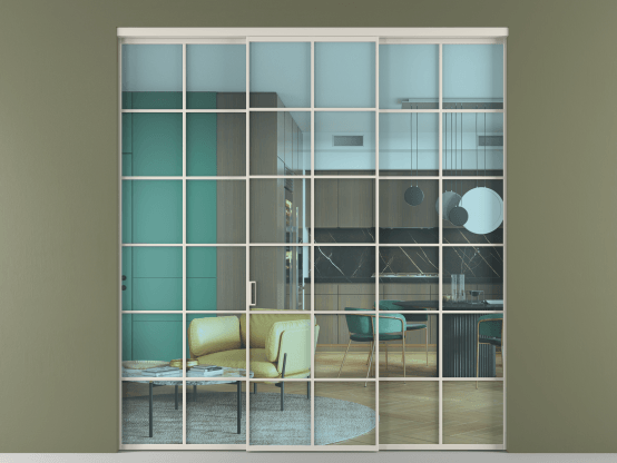 Алюминевая перегородка АЛПР 040.05_АОС_ПРОЗ ГОЛ_new. Цвет Алюминий облачно-серый. Материал Алюминий в эмали. Коллекция Перегородка Formato внутри проёма 3 створки. Картинка.