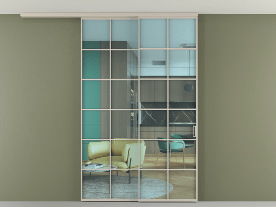 Алюминевая перегородка АЛПР 040.05_АСБЖ_ПРОЗ ГОЛ_new. Цвет Алюминий светло-бежевый. Материал Алюминий в эмали. Коллекция Перегородка Formato вдоль стены на потолок 2 створки с синхронным механизмом. Картинка.